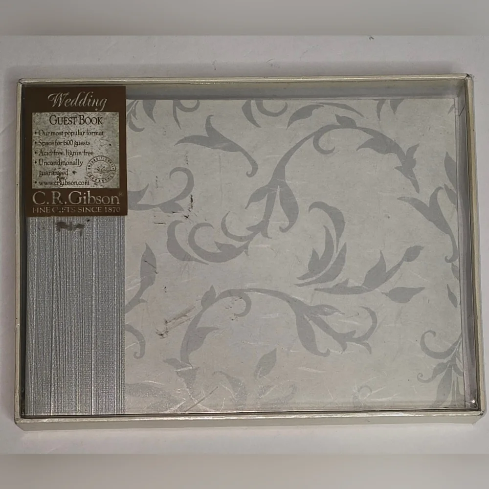 NIB C.R. Gibson White and Silver Wedding Guest Book (7.75